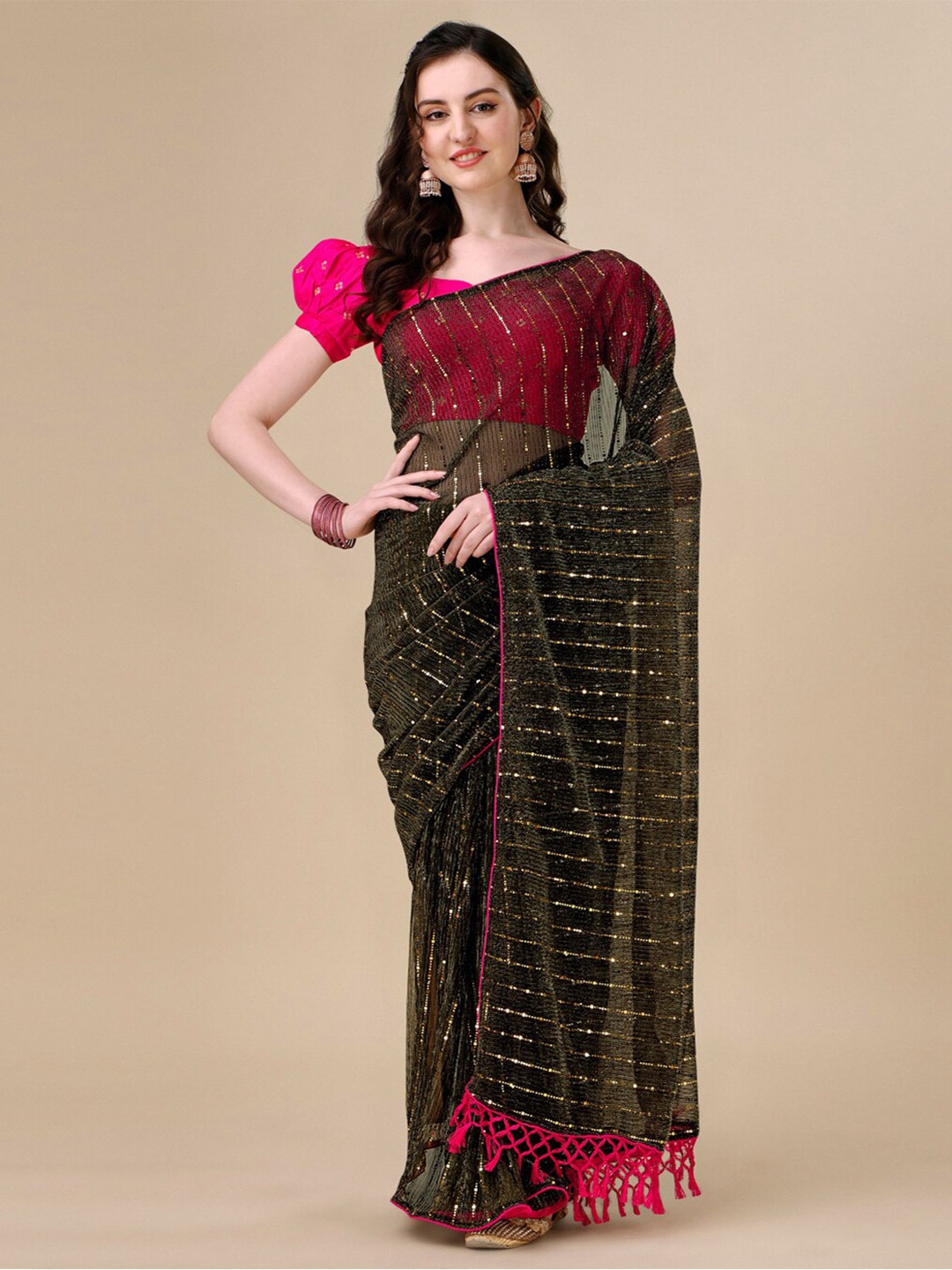 

Granthva Fab Sequinned Embellished Saree, Olive
