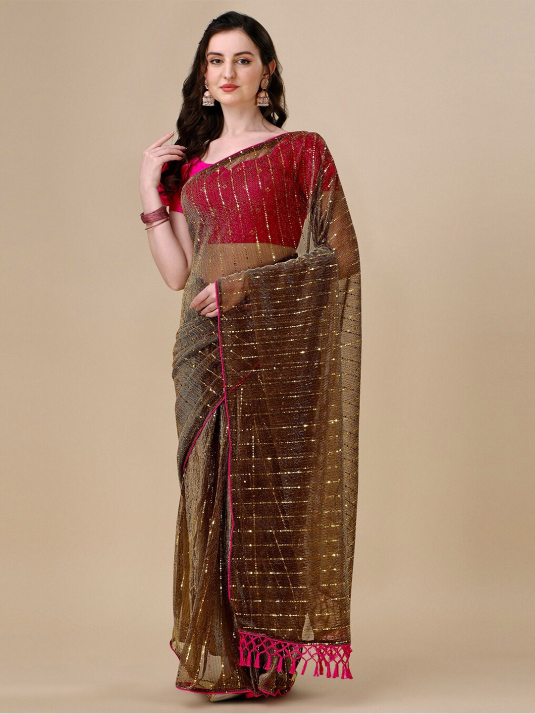 

Granthva Fab Sequinned Embellished Saree, Brown