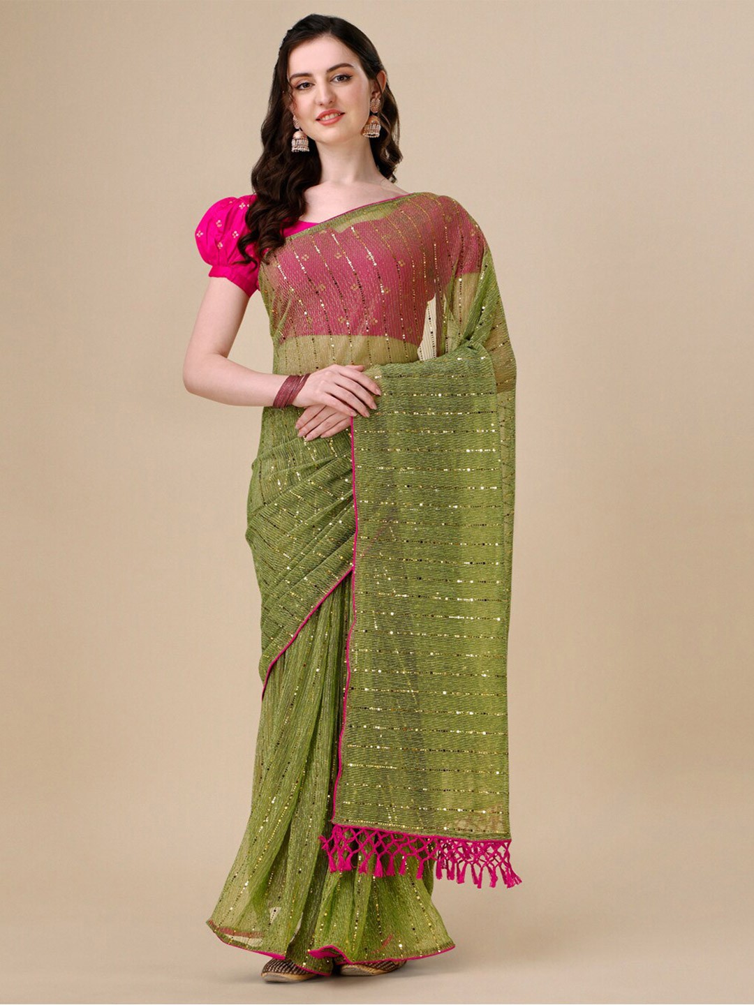 

Granthva Fab Sequinned Embellished Saree, Green