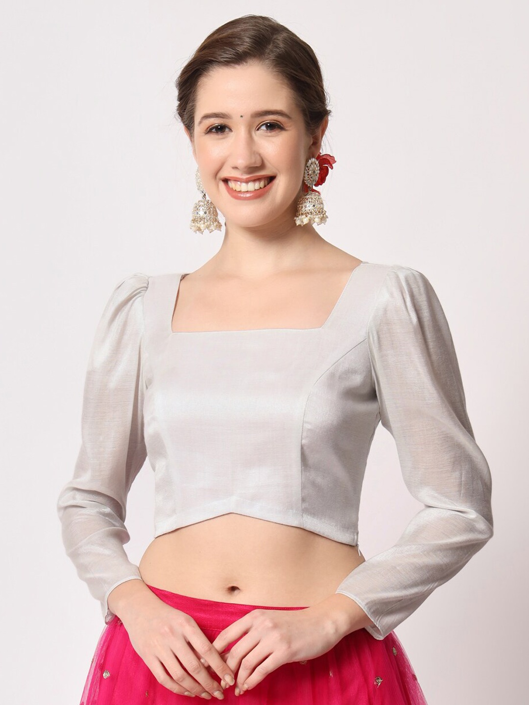 

studio rasa Sheer Sleeved Cotton Tissue Readymade Saree Blouse, Silver