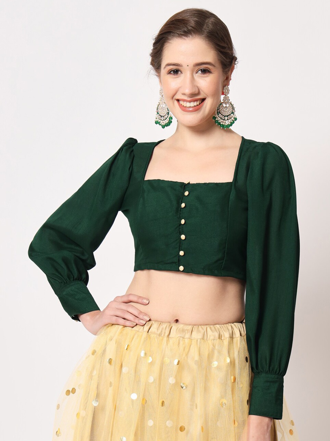 

studio rasa Silk Button Down Readymade Saree Blouse, Green