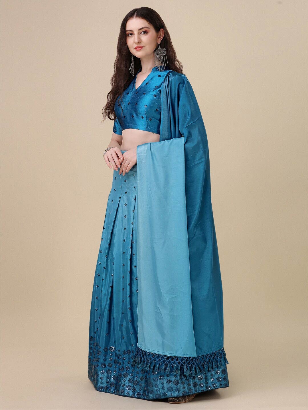 

Granthva Fab Embellished Sequinned Ready to Wear Lehenga & Unstitched Blouse With Dupatta, Teal