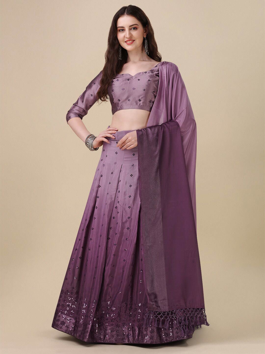 

Granthva Fab Embellished Sequinned Ready to Wear Lehenga & Unstitched Blouse With Dupatta, Purple