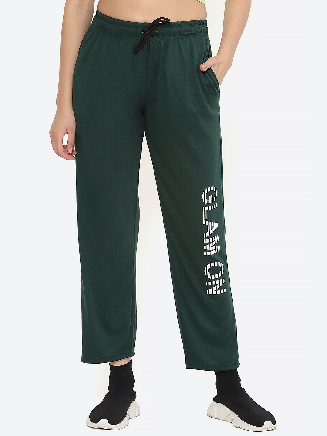 

Fashionable Women Typography Printed Cotton Sports Track Pants, Green