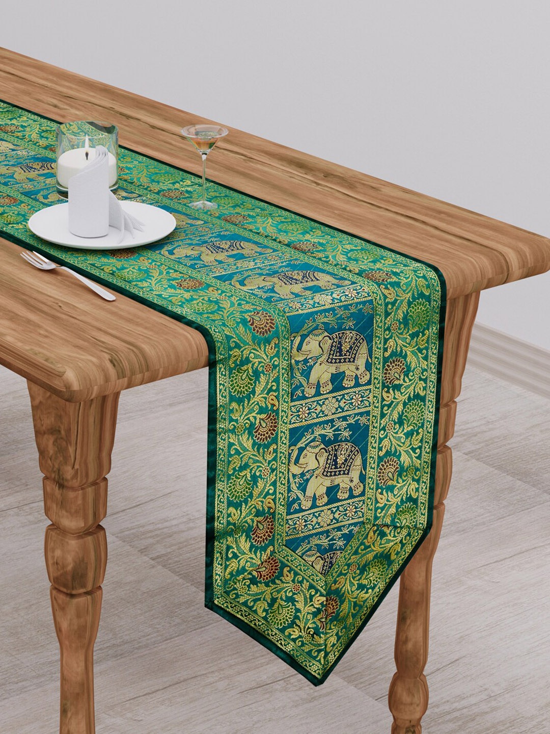 

Gulaab Jaipur Green & Gold Toned Ethnic Motif Printed Table Runner