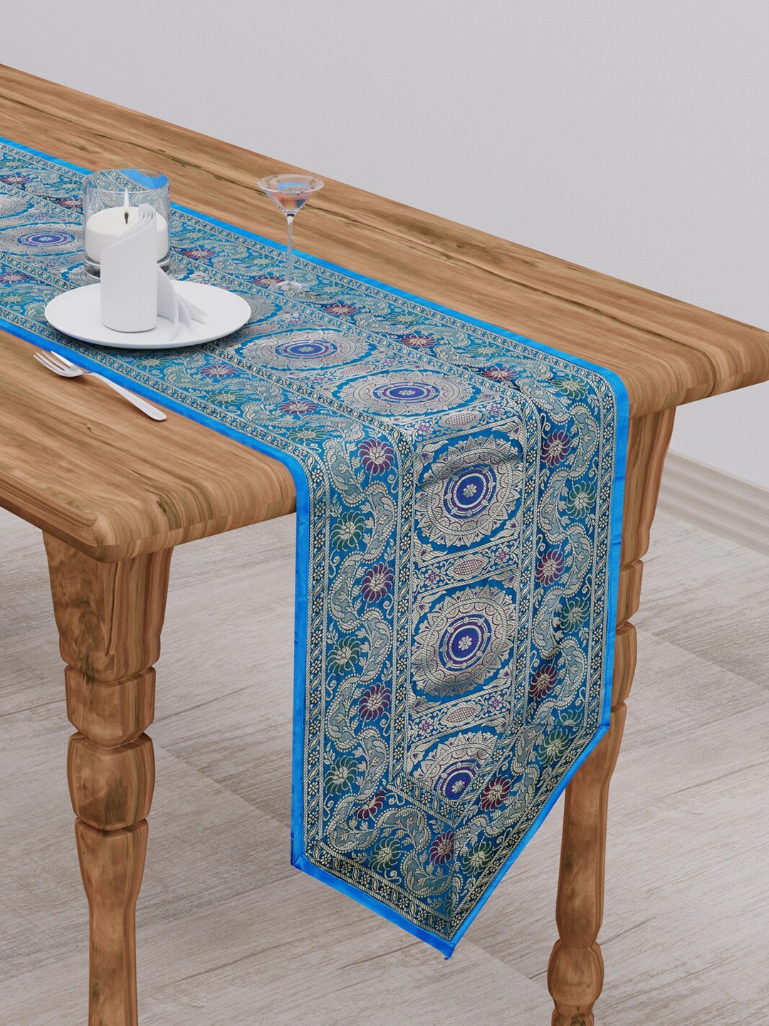 

Gulaab Jaipur Blue & Gold Toned Ethnic Motif Printed Table Runner