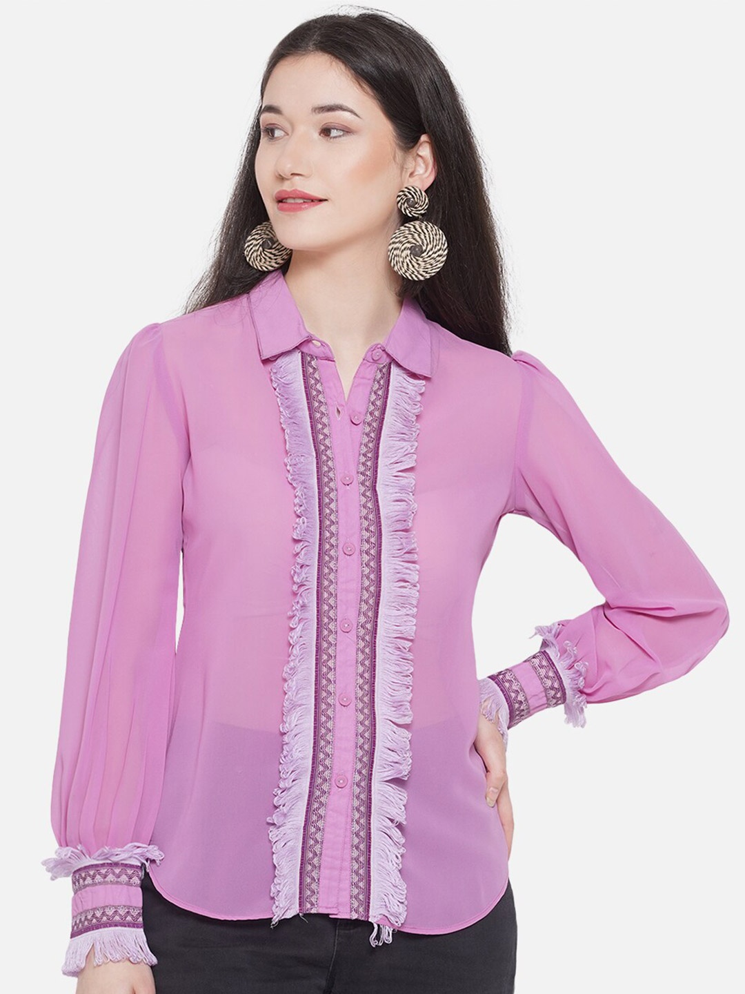 

bellamia Fringed Detail Semi Sheer Edgy Fit Casual Shirt, Lavender