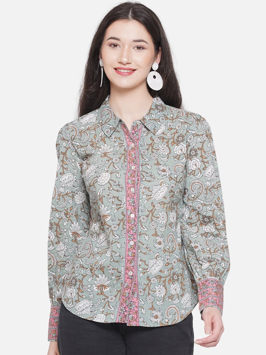 

bellamia Floral Printed Smart Fit Cotton Casual Shirt, Sea green