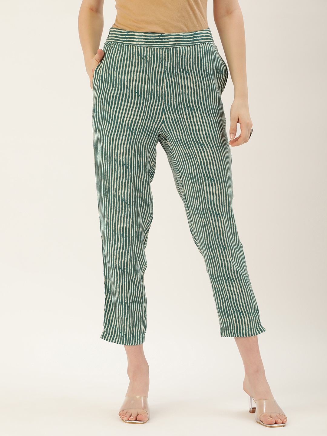 

AMUKTI Women Striped Slim Fit Trousers, Green