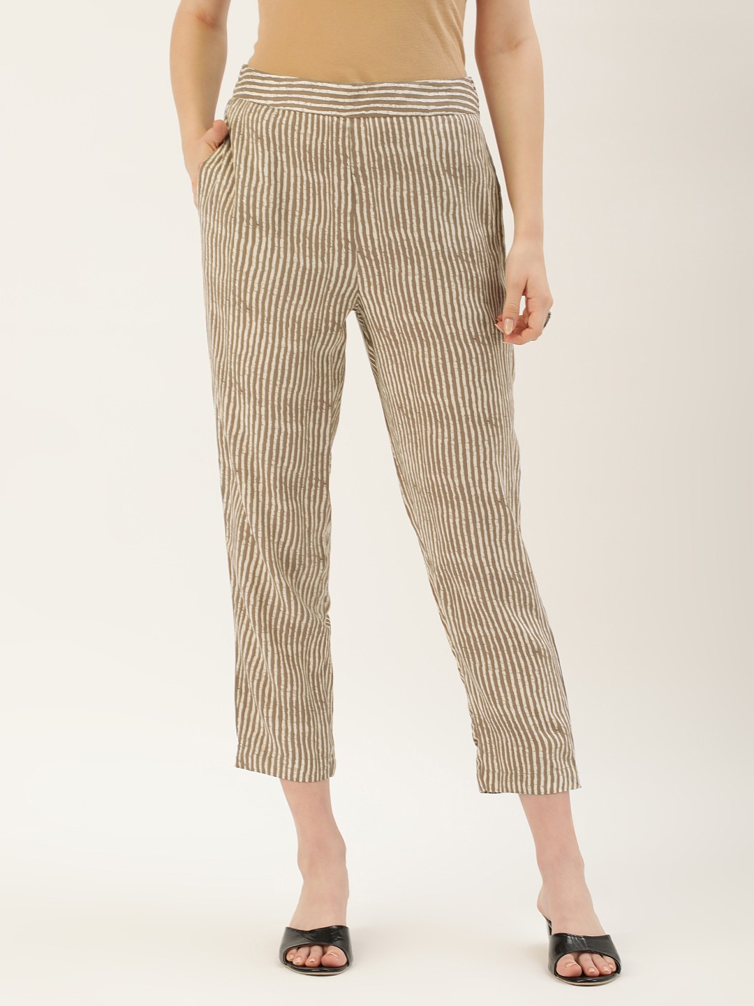

AMUKTI Women Beige Striped Slim Fit Culottes Trousers