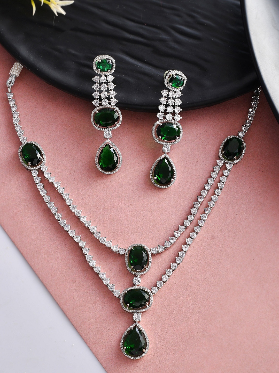 

Silvermerc Designs Silver- Plated Emerald & AD Stone Studded Long Jewellery Set