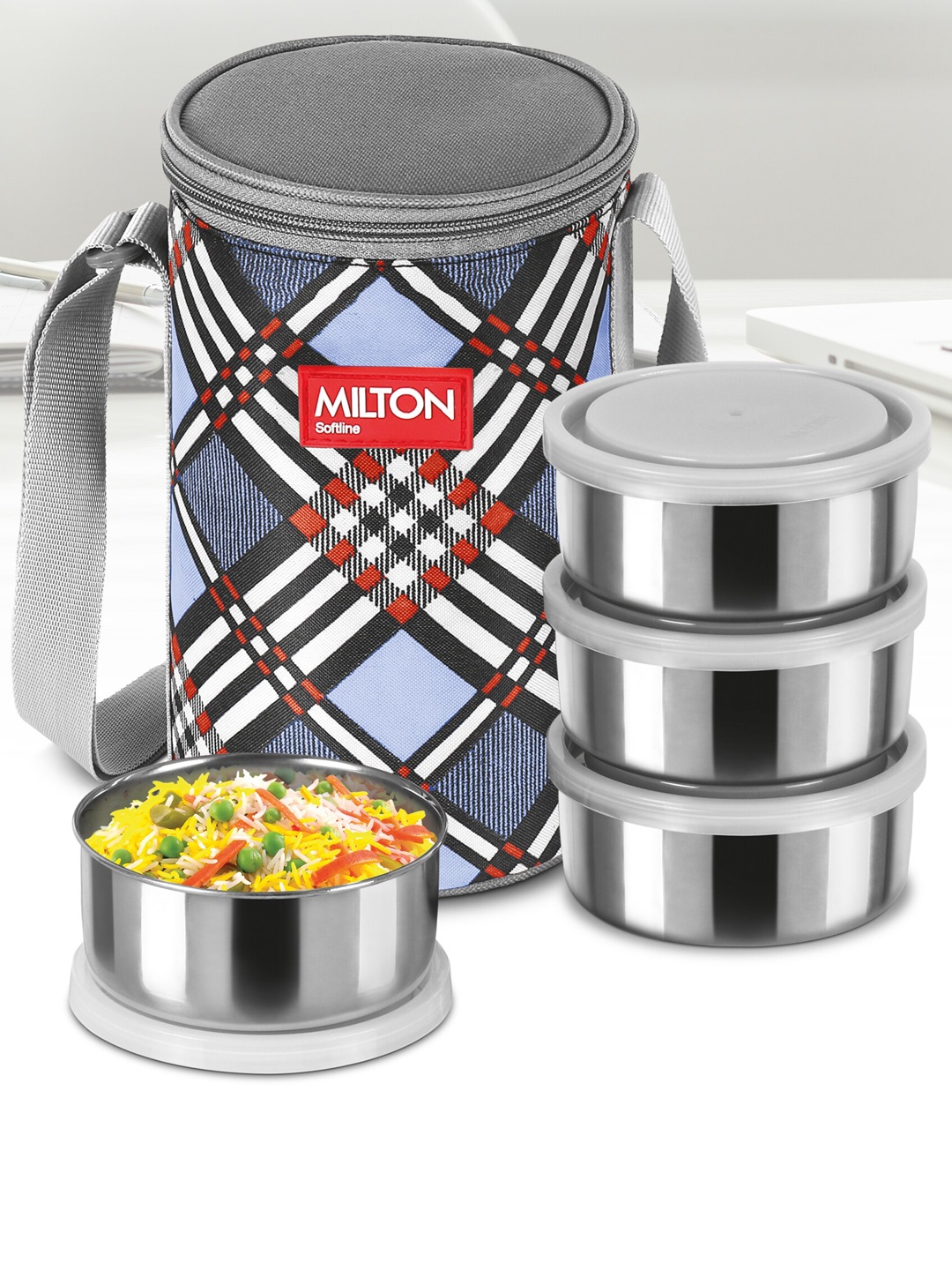 

Milton Steel Treat 4 Pcs Blue Stainless Steel Tiffin Containers 280 ml Each With Jacket