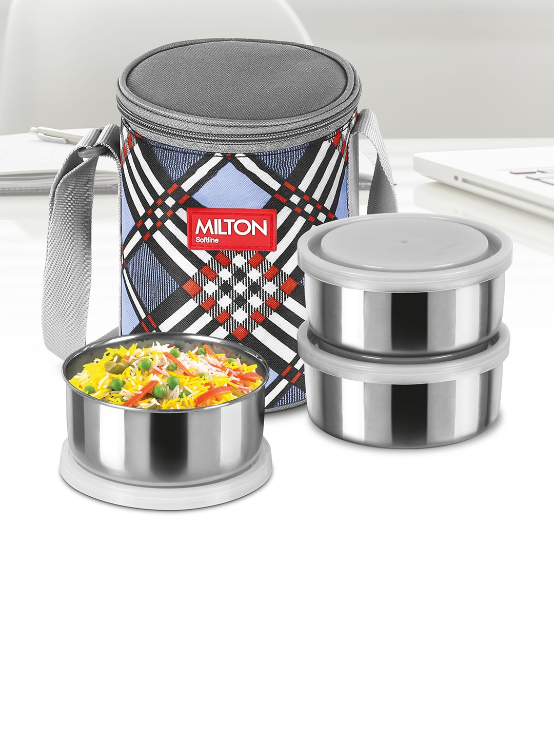 

Milton Steel Treat 3 Blue Stainless Steel Tiffin Containers with Jacket-280 ml Each