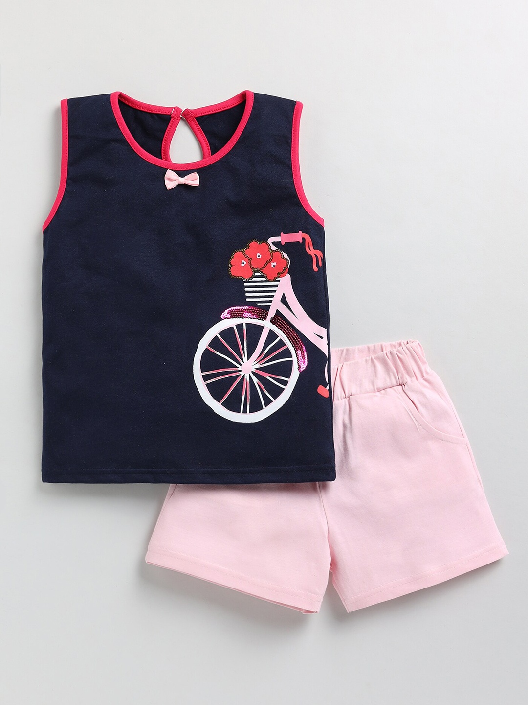 

Toonyport Girls Printed Cotton Top with Shorts, Navy blue
