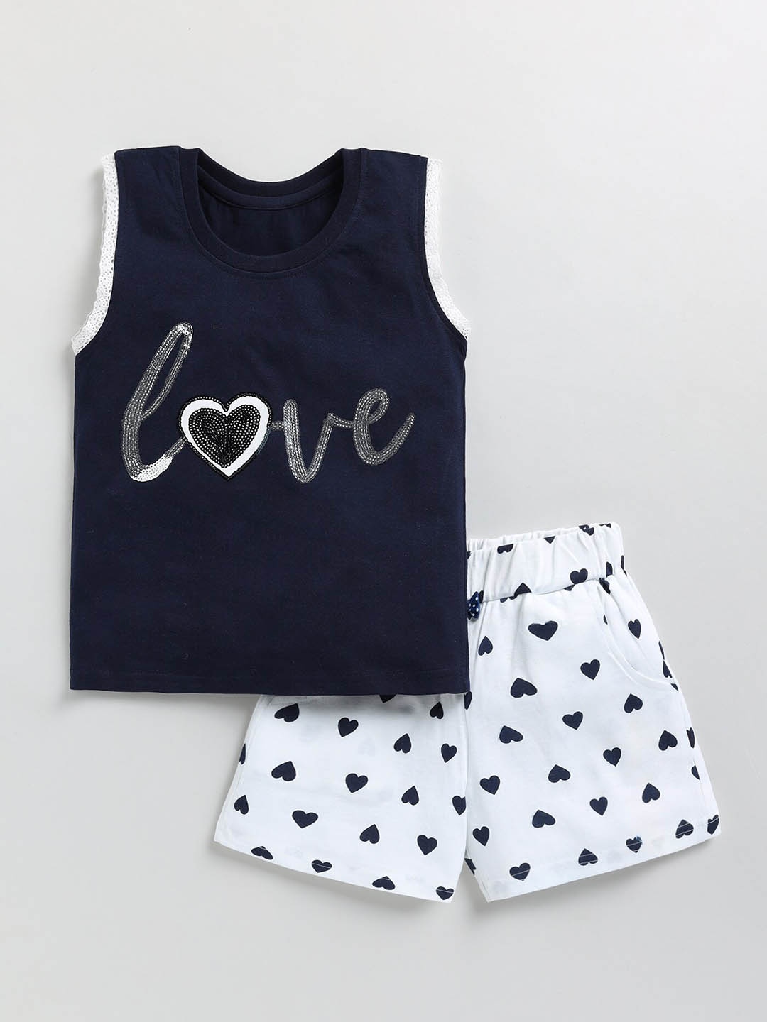 

Toonyport Girls Embellished Pure Cotton Top with Shorts, Navy blue