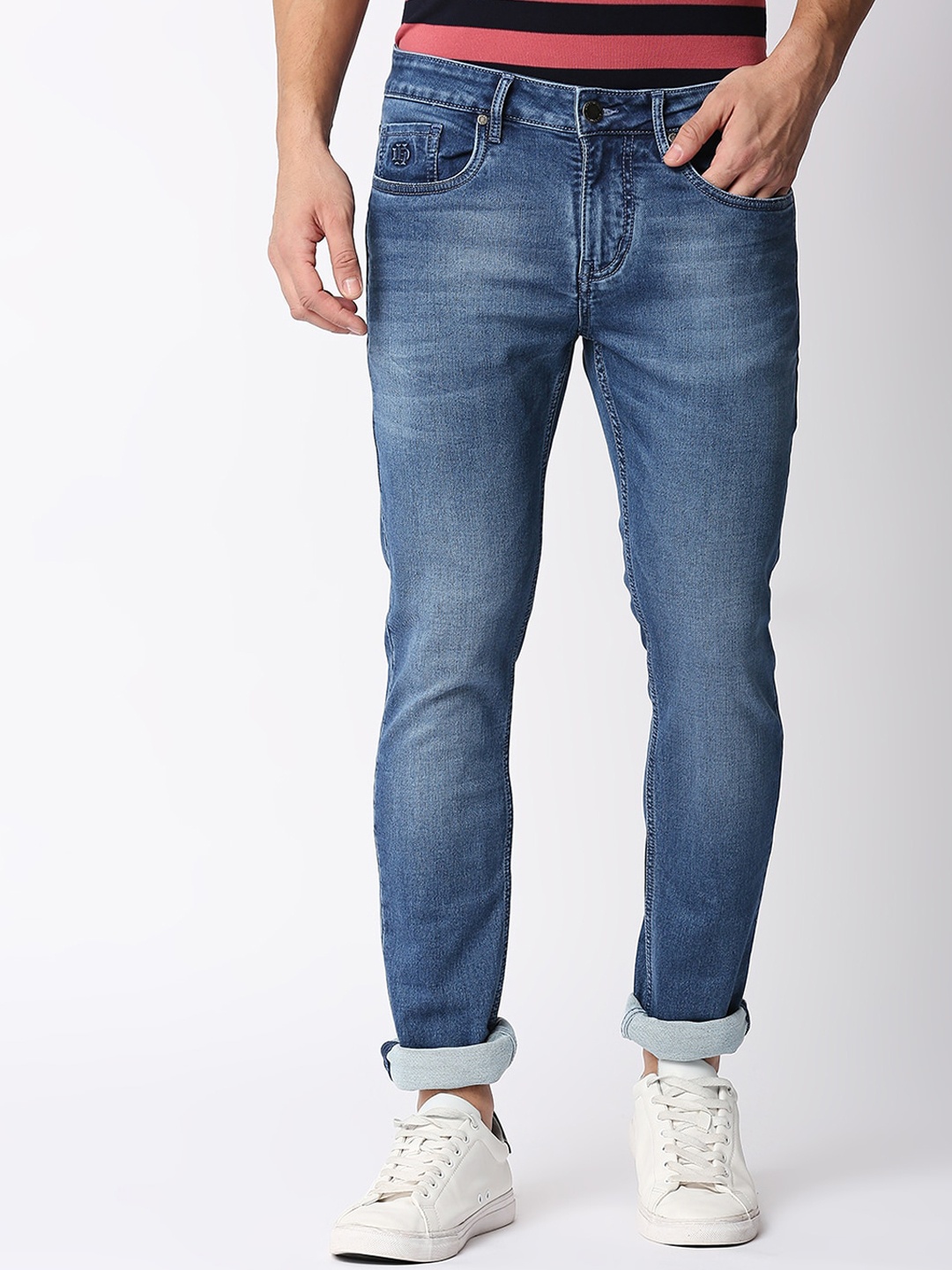 

DRAGON HILL Men Slim Fit Cotton Low-Rise Light Fade Jeans, Blue