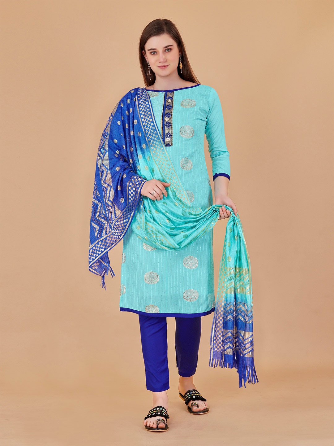 

Fashion FRICKS Ethnic Motifs Zari Woven Design Unstitched Dress Material, Turquoise blue