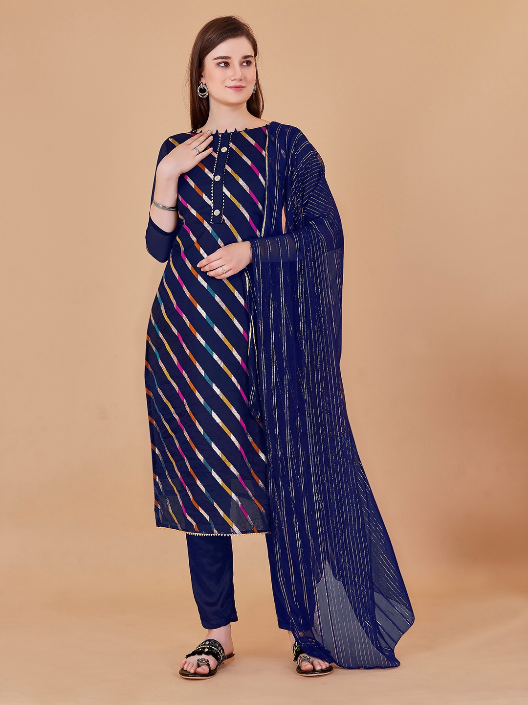 

Fashion FRICKS Striped Woven Design Gotta Patti Organza Unstitched Dress Material, Navy blue