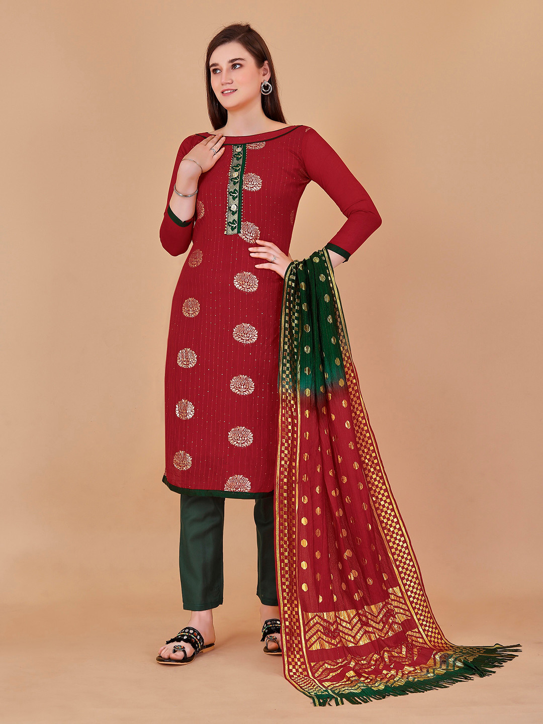 

Fashion FRICKS Ethnic Motif Woven Design With Gotta Patti Unstitched Dress Material, Red