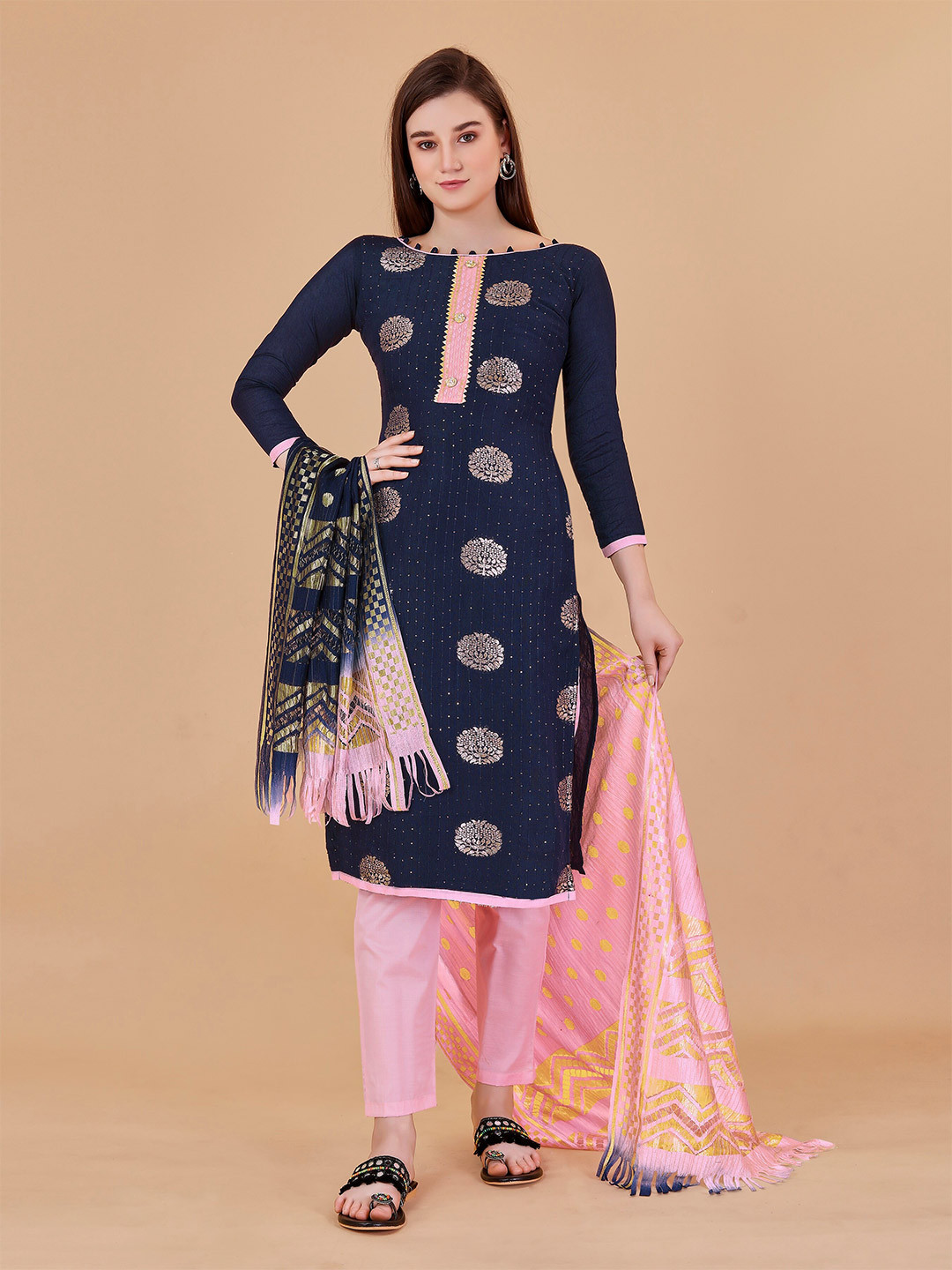 

Fashion FRICKS Ethnic Motif Woven Design Gotta Patti Unstitched Dress Material, Navy blue