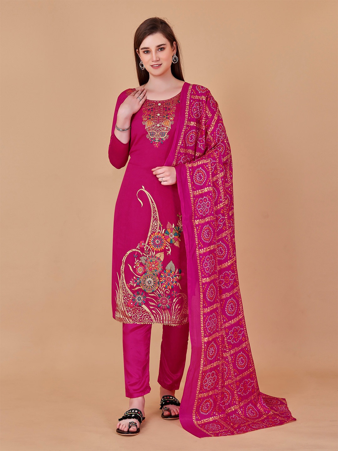 

Fashion FRICKS Ethnic Motif Woven Design Gotta Patti Raw Silk Unstitched Dress Material, Pink