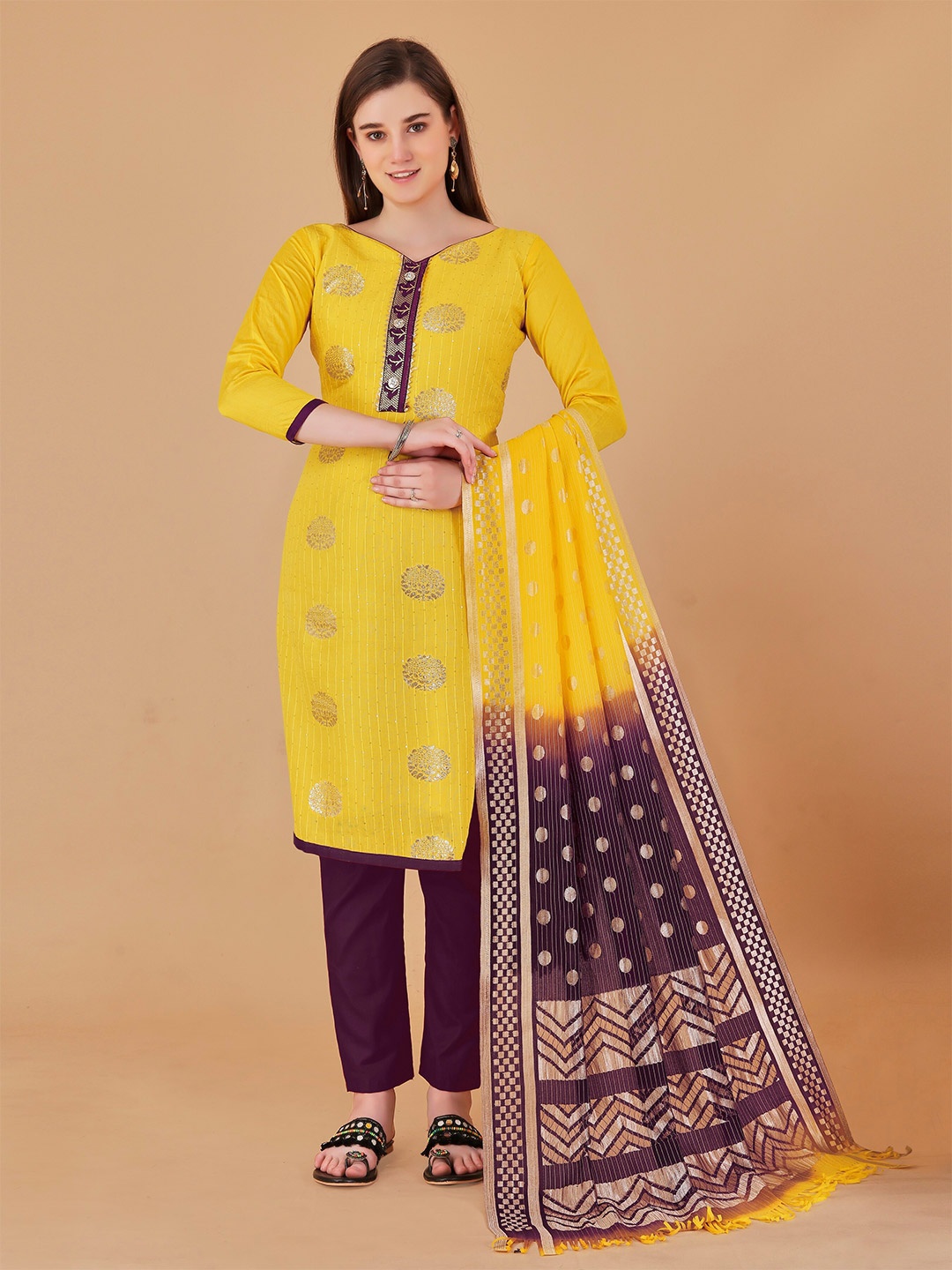 

Fashion FRICKS Ethnic Motifs Zari Woven Design Unstitched Dress Material, Yellow