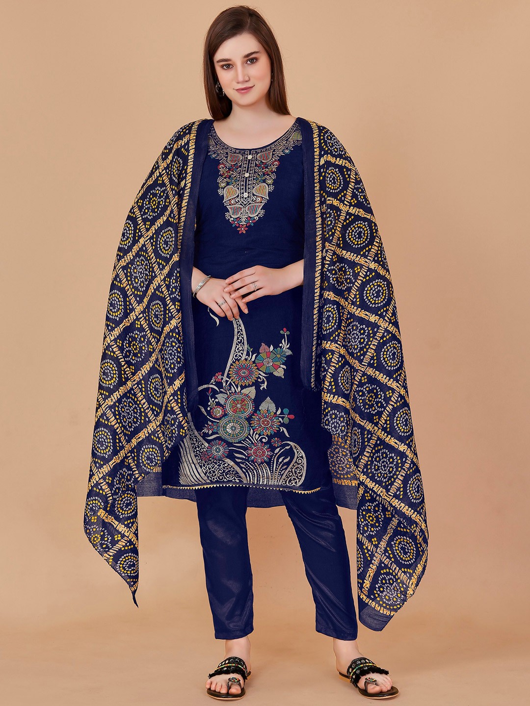 

Fashion FRICKS Ethnic Motif Woven Design Raw Silk Gotta Patti Unstitched Dress Material, Navy blue