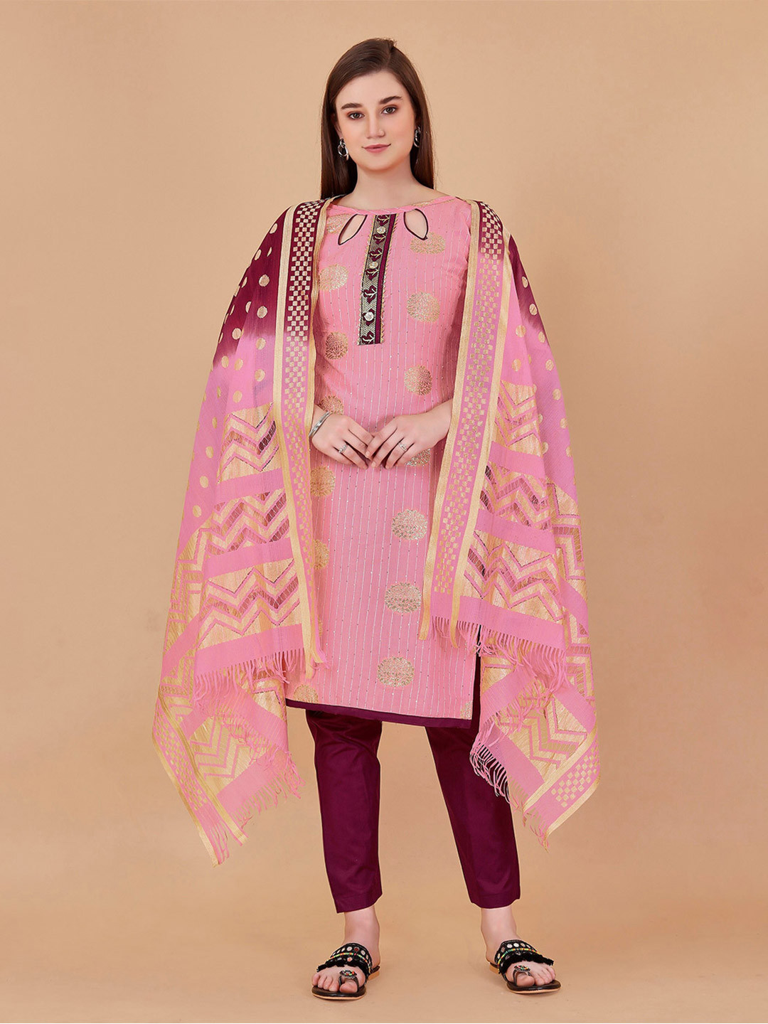 

Fashion FRICKS Ethnic Motif Woven Design Unstitched Dress Material, Pink