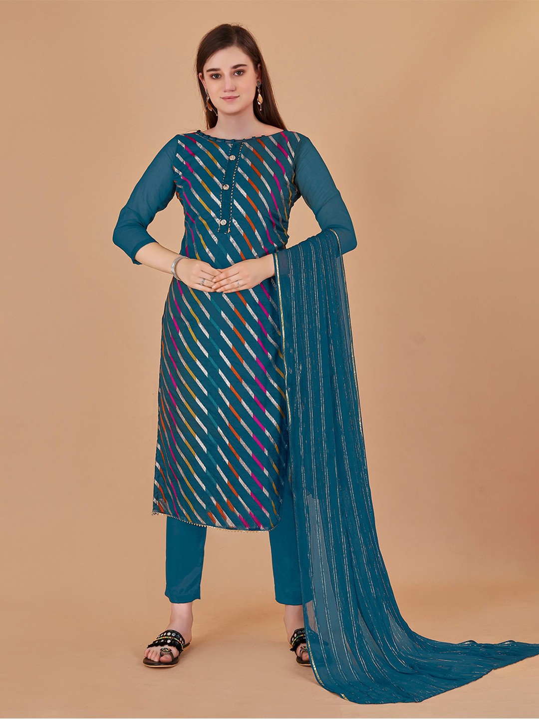 

Fashion FRICKS Striped Woven Design Organza With Gotta Patti Unstitched Dress Material, Teal
