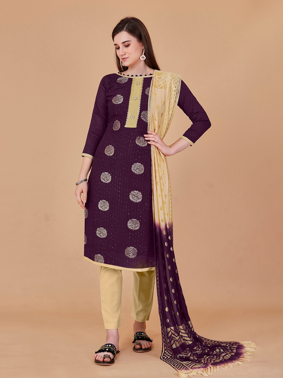 

Fashion FRICKS Ethnic Motif Woven Design Raw Silk Gotta Patti Unstitched Dress Material, Violet