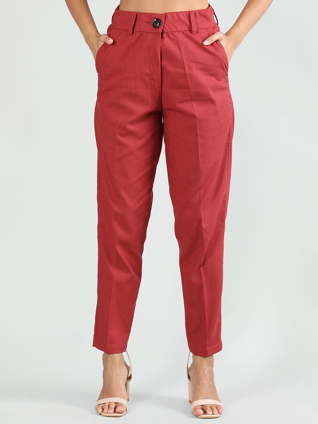 

Dlanxa Women High-Rise Easy Wash Cropped Linen Trousers, Maroon