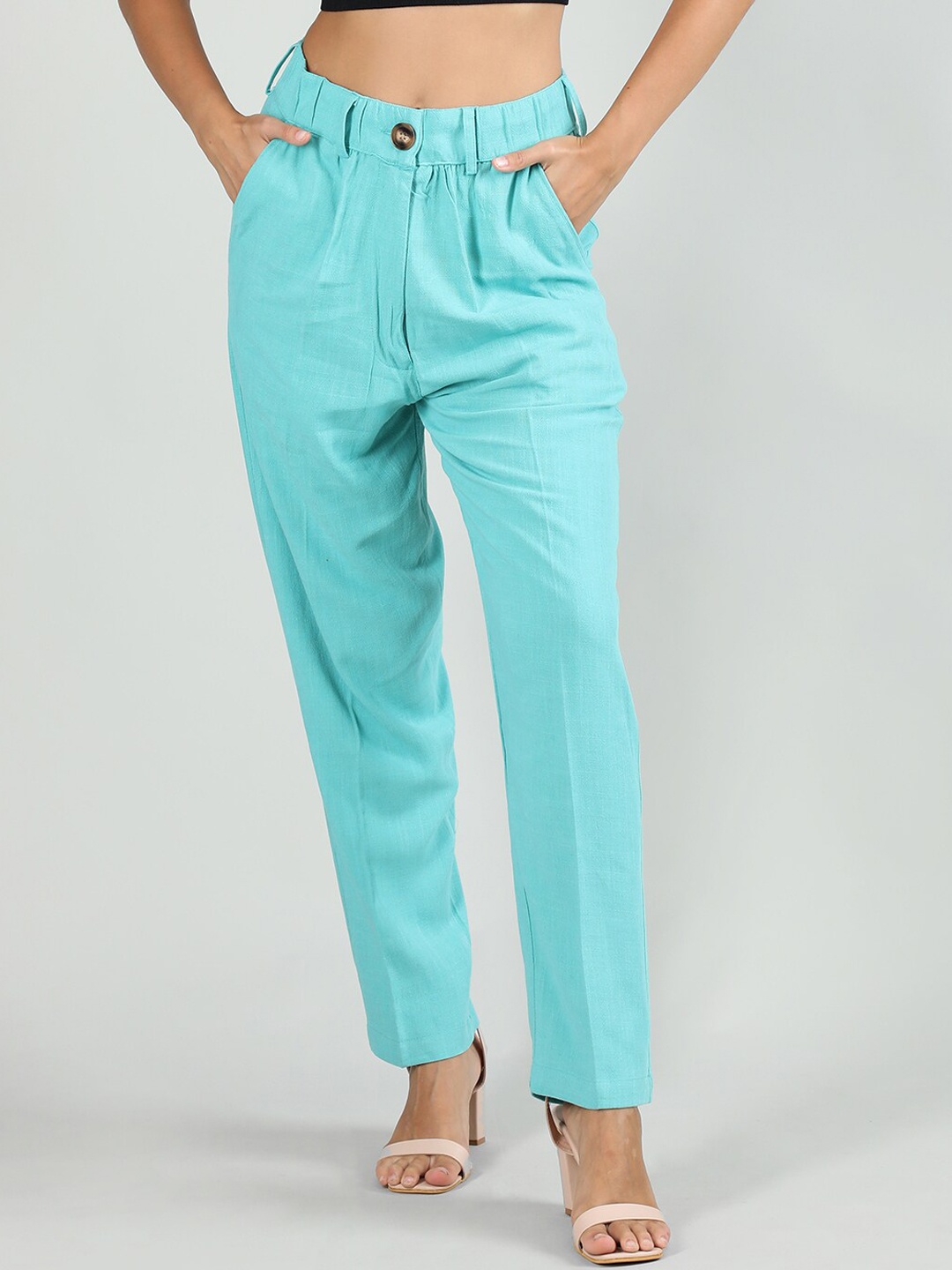 

Dlanxa Women High-Rise Easy Wash Cropped Linen Trousers, Sea green