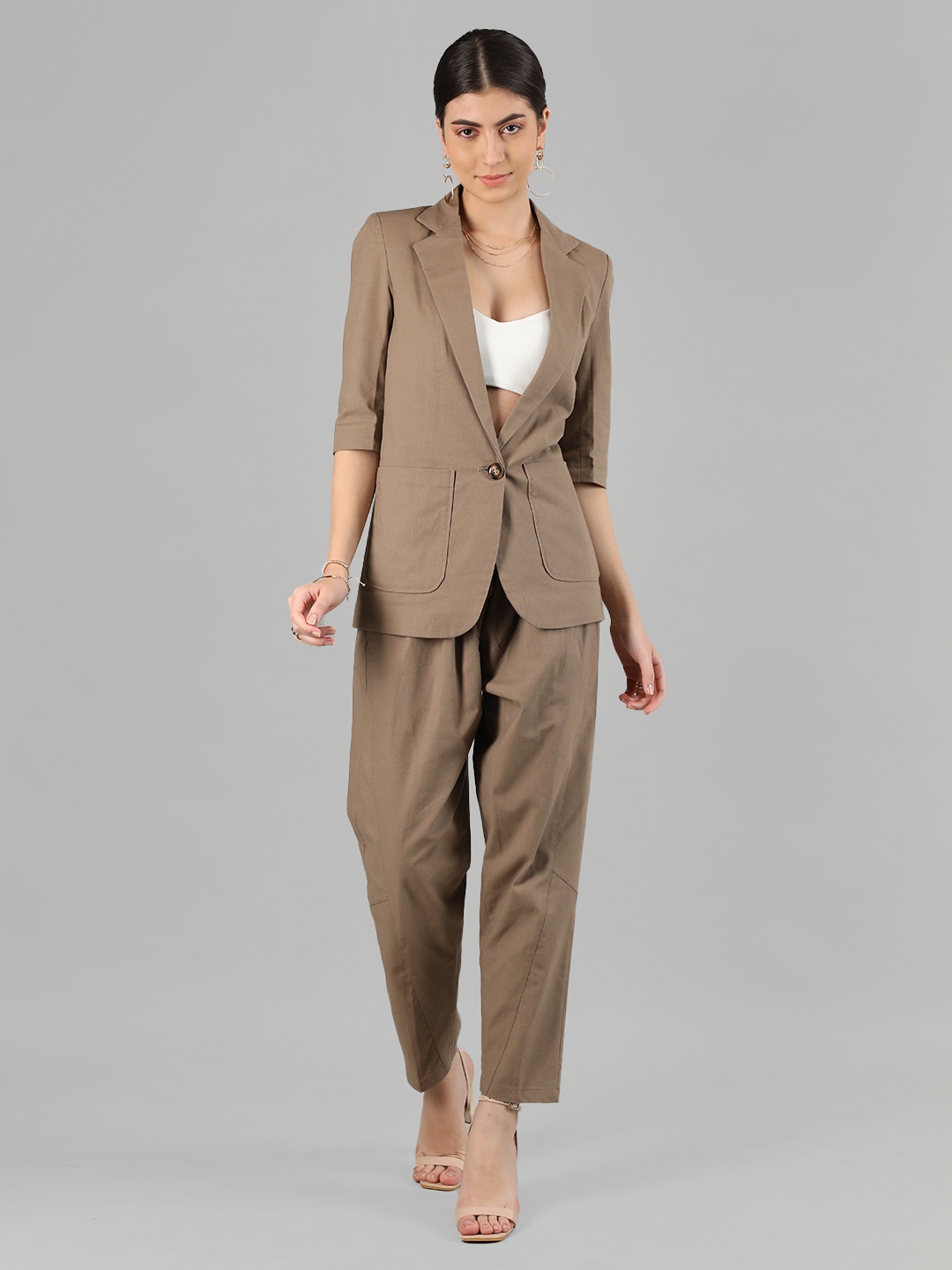 

DLANXA Notched Lapel Single-Breasted Linen Two-Piece Casual Suit, Brown