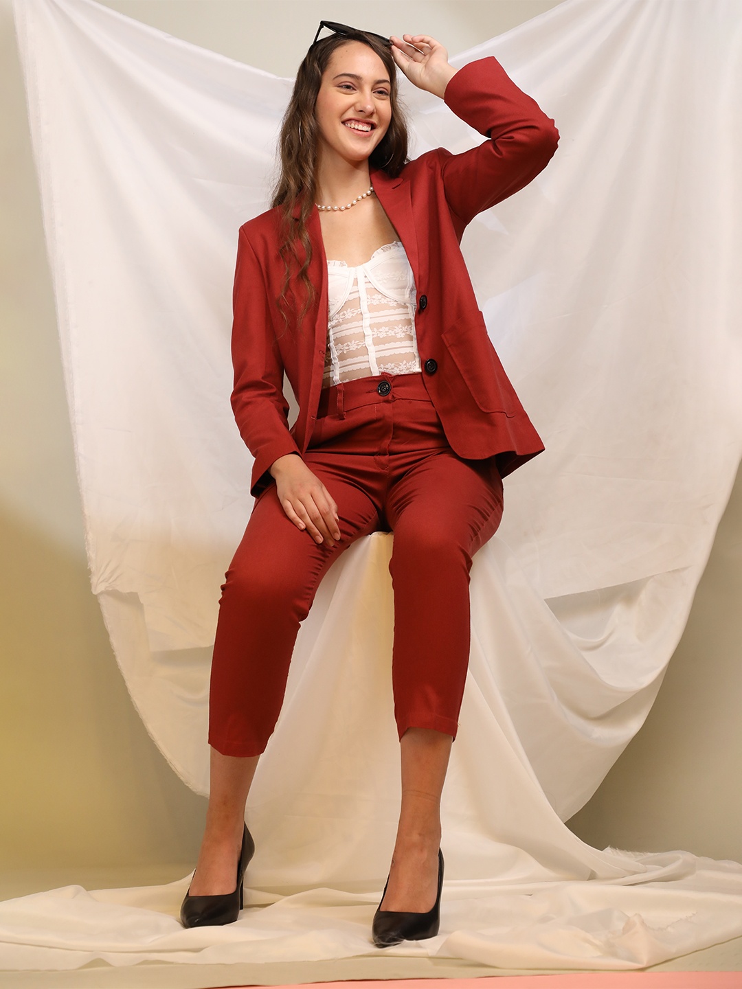 

DLANXA Notched Lapel Single-Breasted Linen Two-Piece Casual Suit, Maroon