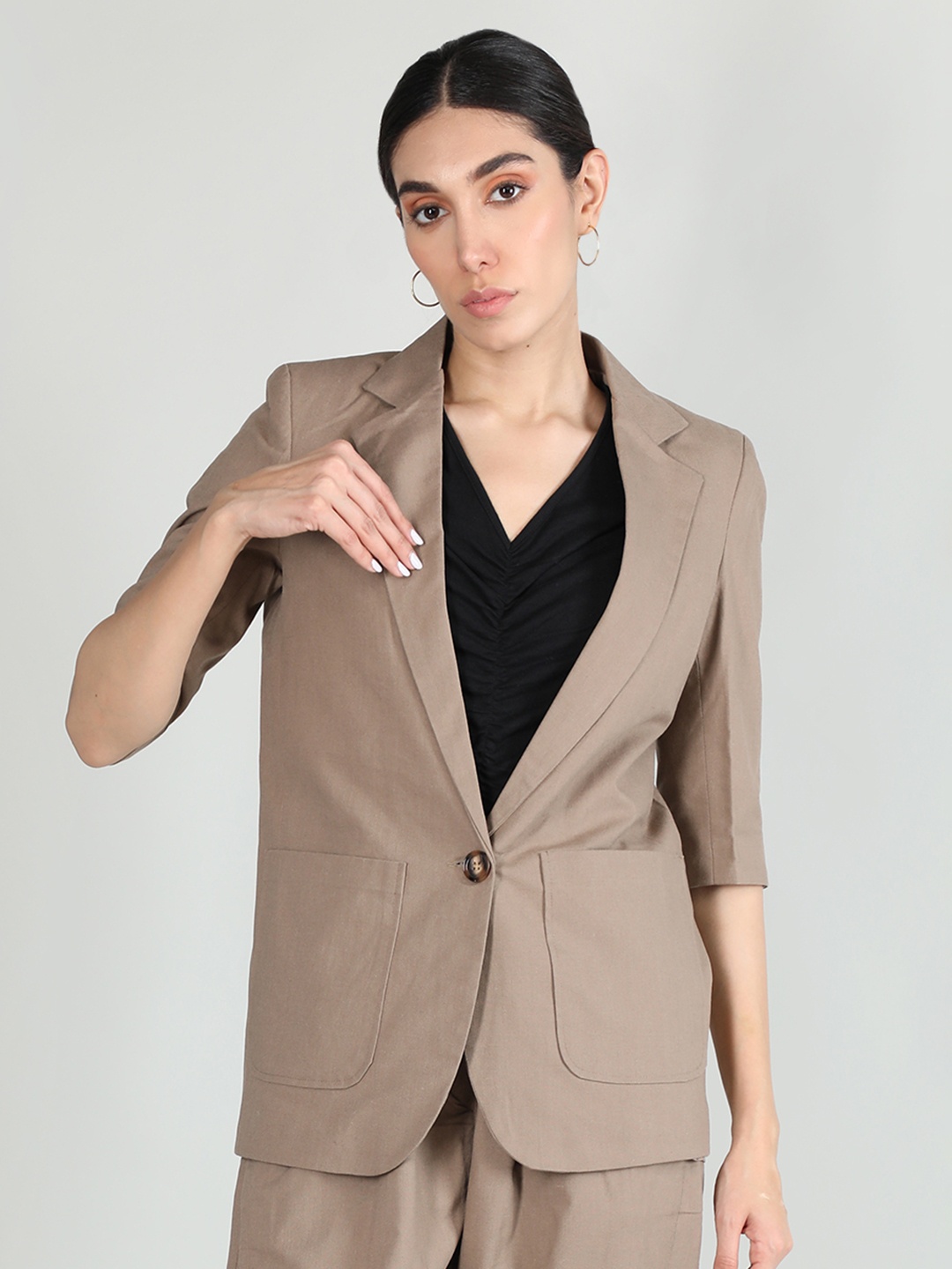 

Dlanxa Notched Lapel Collar Single Breasted Linen Blazers, Brown