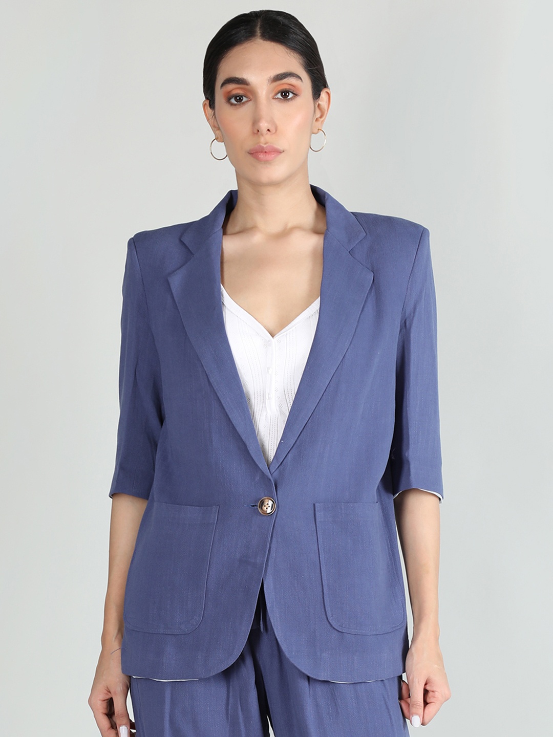 

Dlanxa Notched Lapel Collar Single Breasted Linen Blazers, Blue