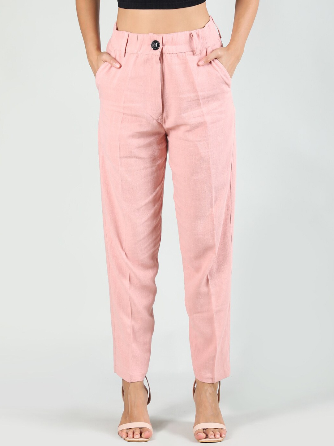 

Dlanxa Women High-Rise Easy Wash Cropped Linen Trousers, Peach