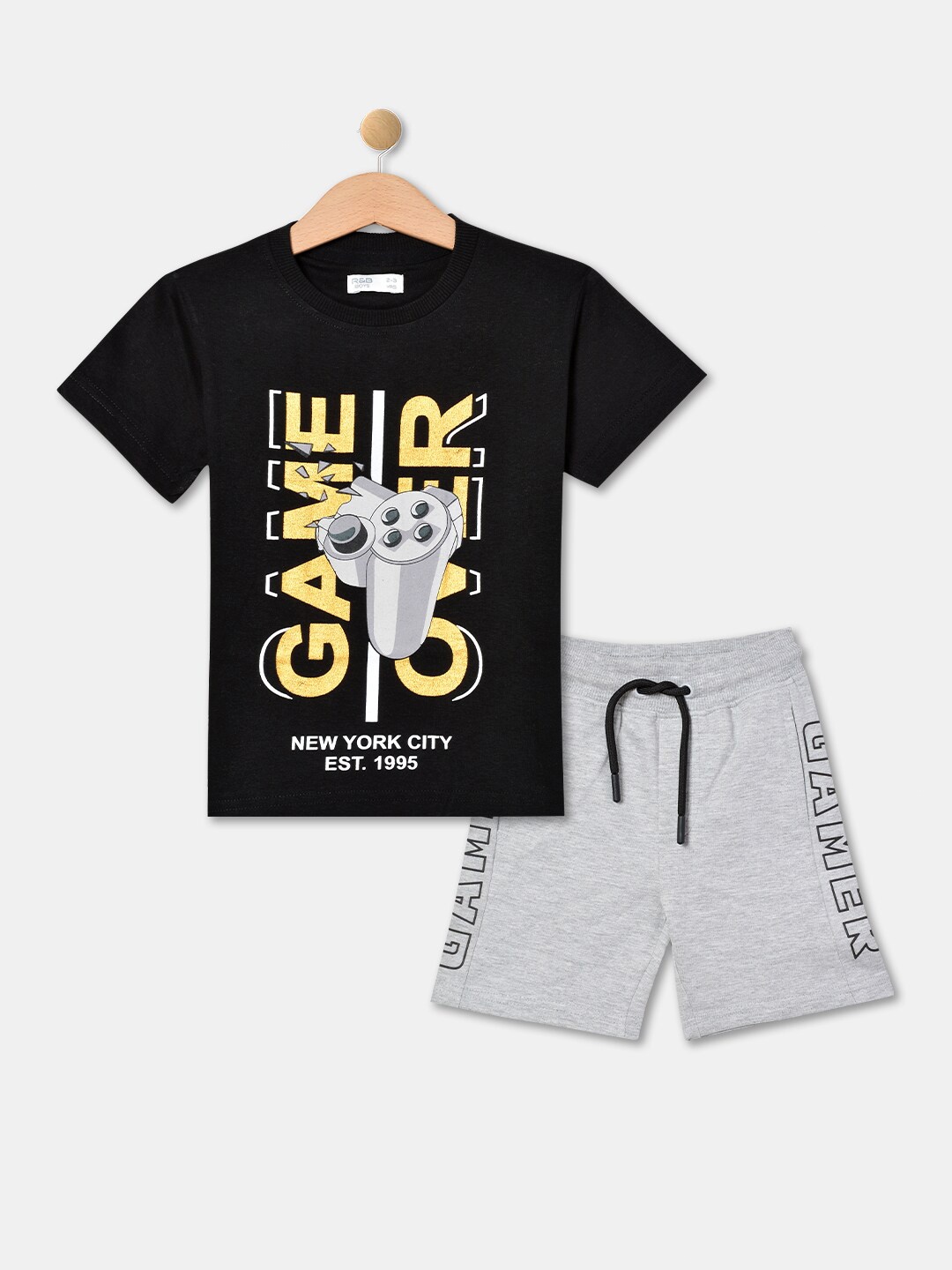 

R&B Boys Printed Pure Cotton T-shirt with Shorts, Black