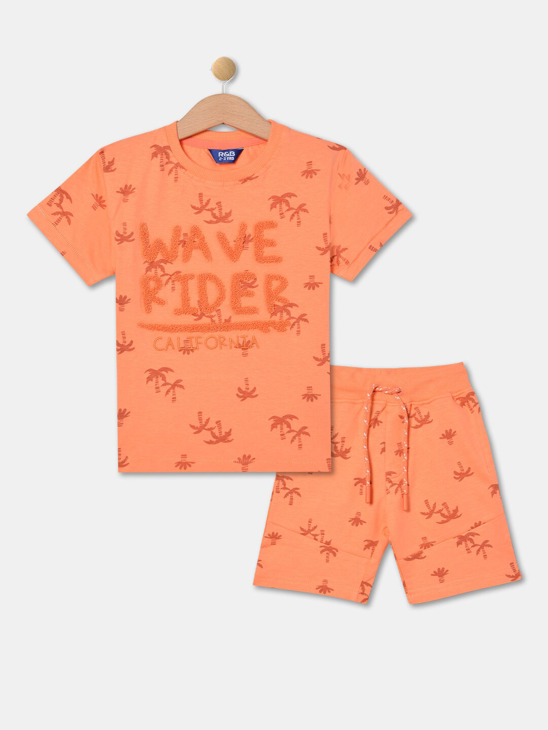 

R&B Boys Printed Pure Cotton T-shirt with Shorts, Orange