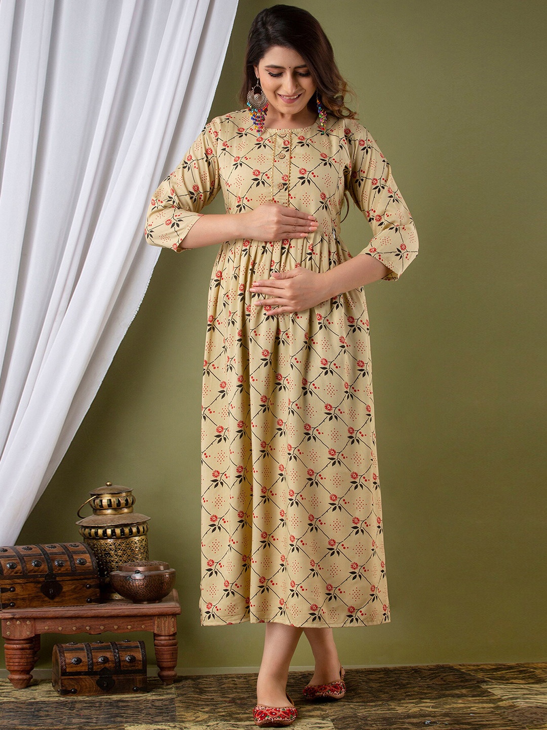 

Mialo fashion Floral Printed Maternity Cotton Ethnic Dress, Beige