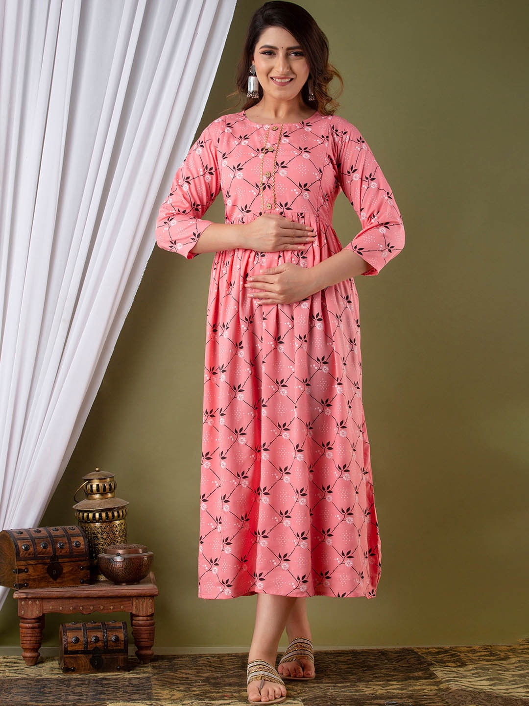 

Mialo fashion Women Pink Printed Mirror Work Floral Maternity Anarkali Kurta