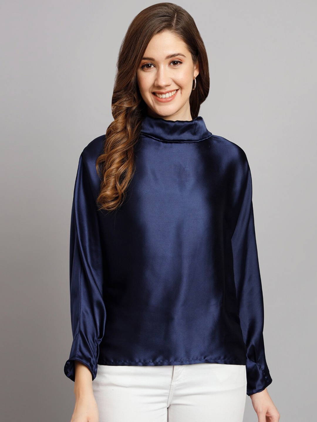 

Funday Fashion High Neck Batwing Sleeves Satin Top, Navy blue