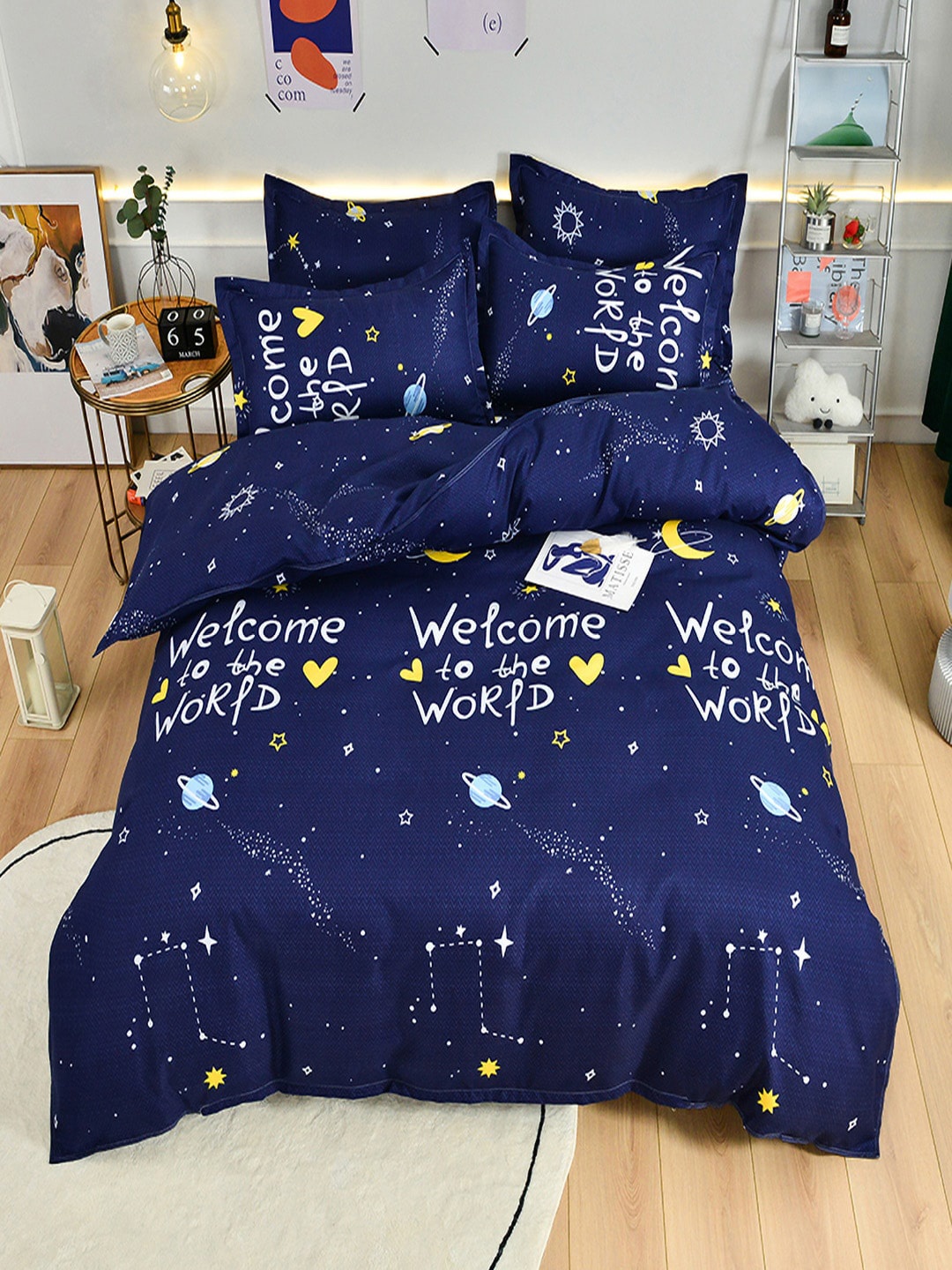 

JC HOME Navy Blue & White Printed Double King Bedding Set