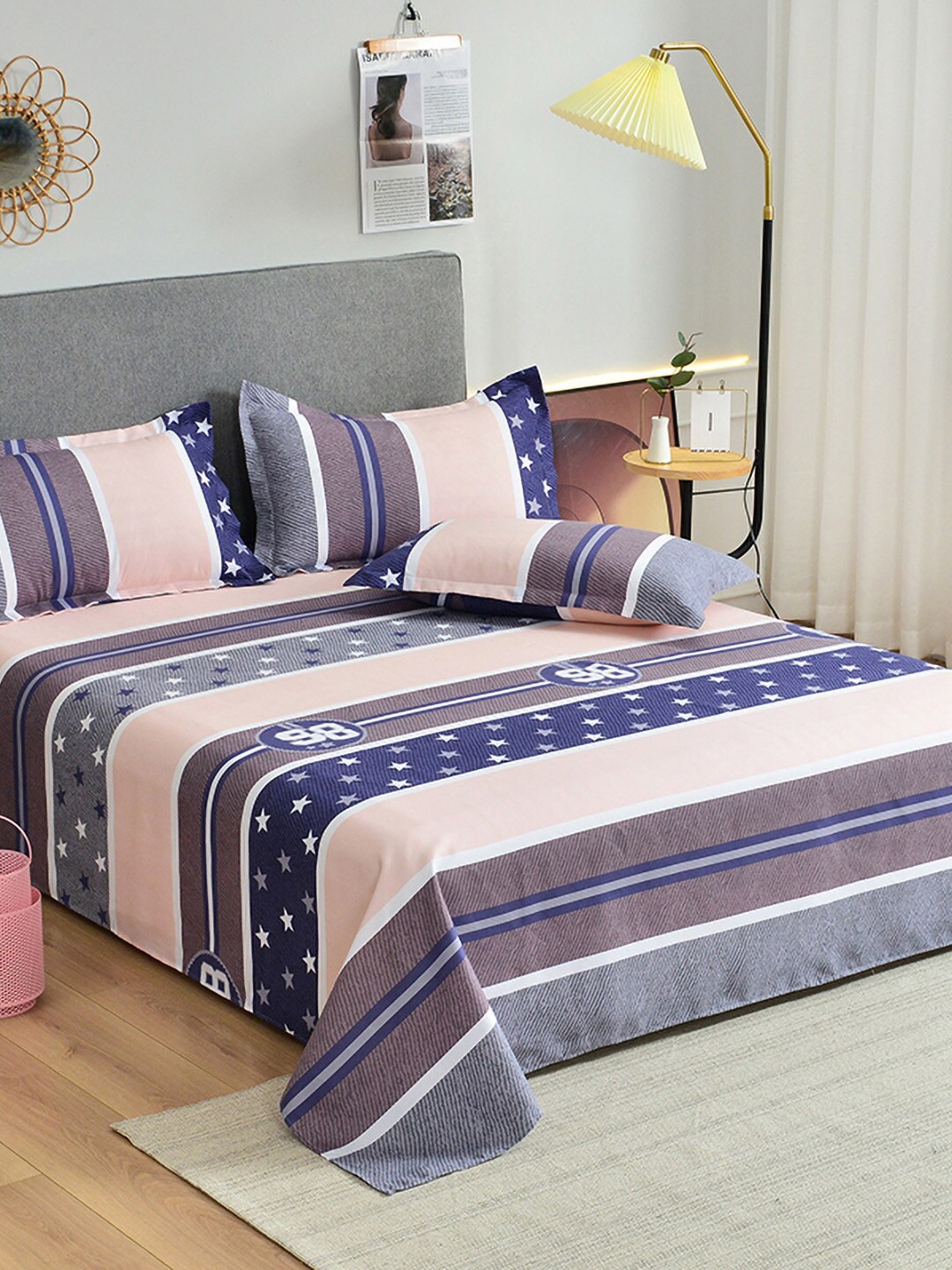 

JC Collection Blue & Peach Colored Geometric Printed Double Queen Bedding Set