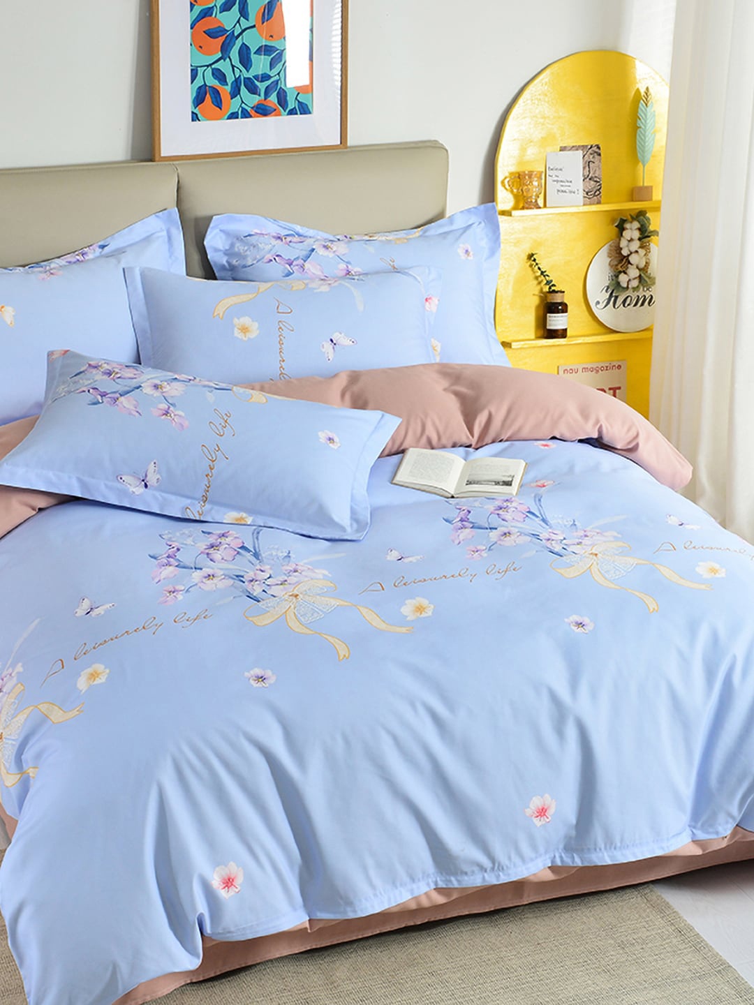 

JC Collection Pink And Blue Floral Printed Double King Bedding Set