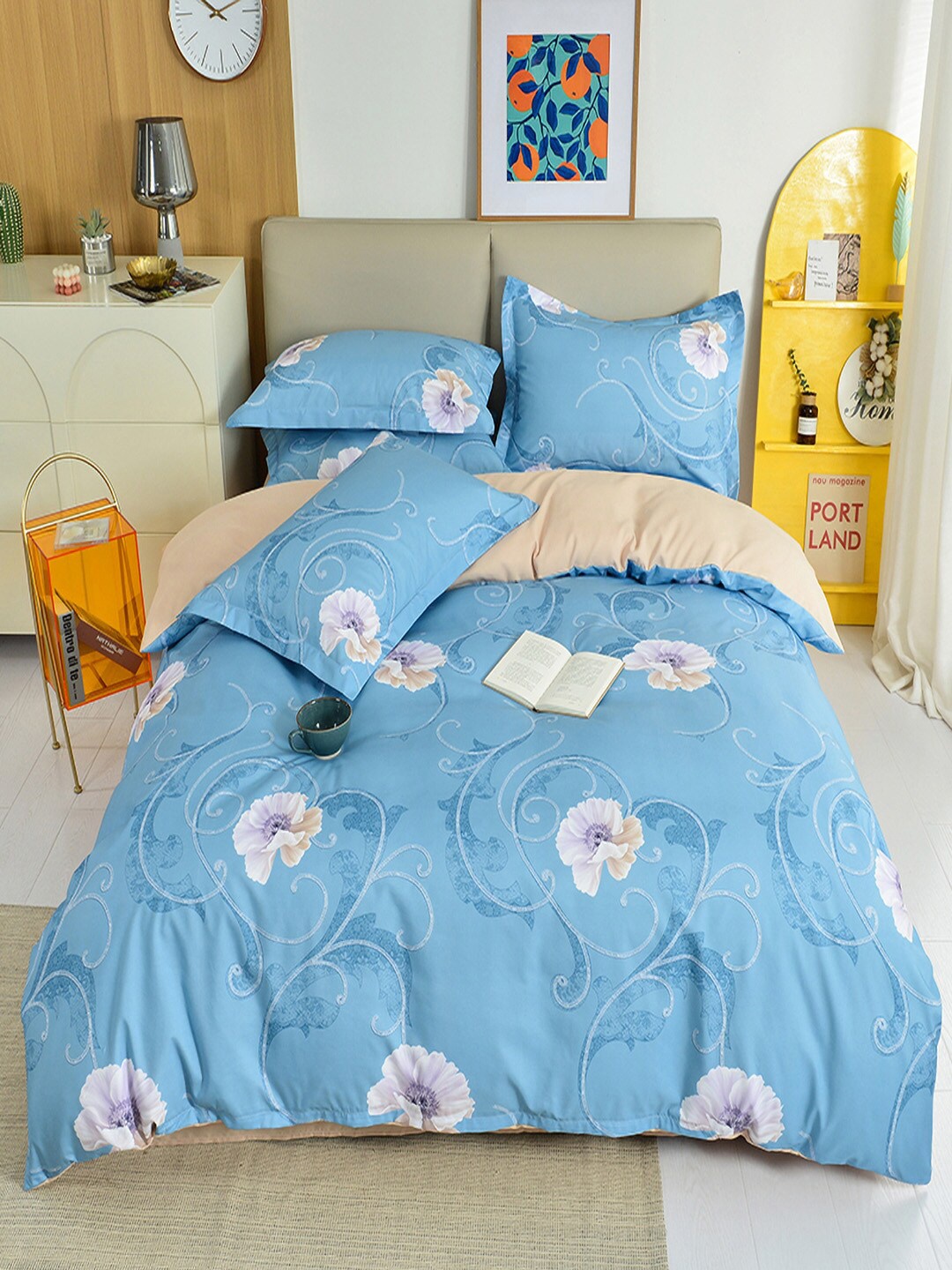 

JC Collection Khaki-Coloured & Blue Printed Double Queen Bedding Set