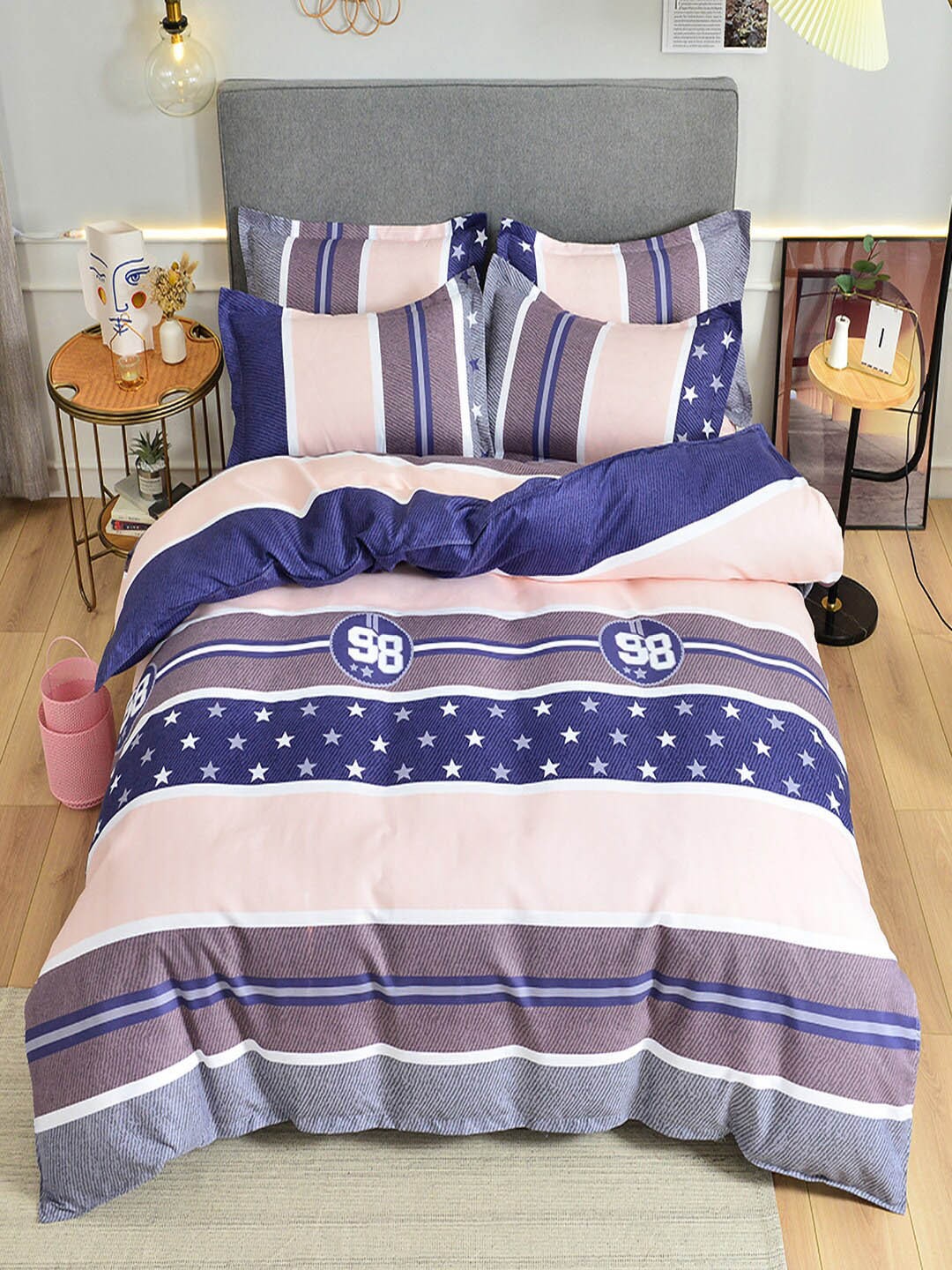 

JC HOME Blue & Pink Geometric Printed Double King Bedding Set