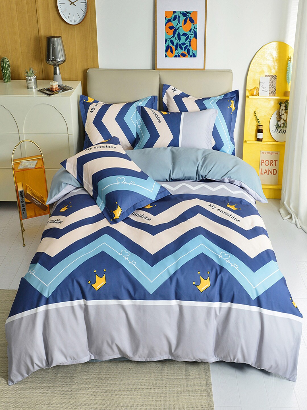 

JC Collection Blue & Grey Printed Double King Bedding Set