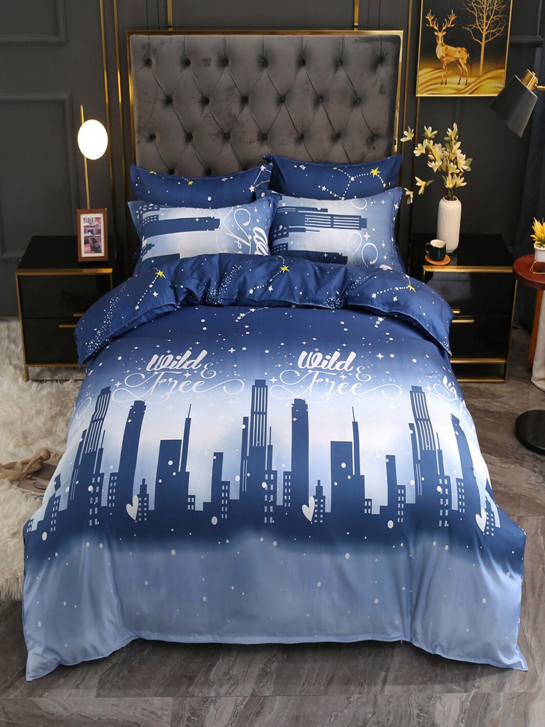 

JC HOME Blue & White Printed Double Queen Bedding Set