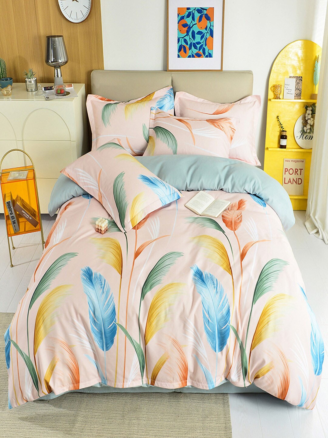 

JC Collection Blue & Pink 4 Pieces Printed Double Queen Bedding Set